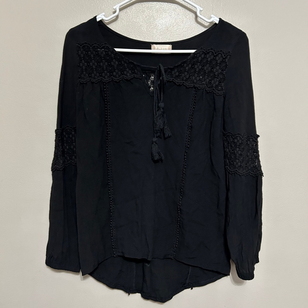 Altar'd State Womens Blouse XS Black Boho Crochet Lace Tassel Peasant Goth Flowy